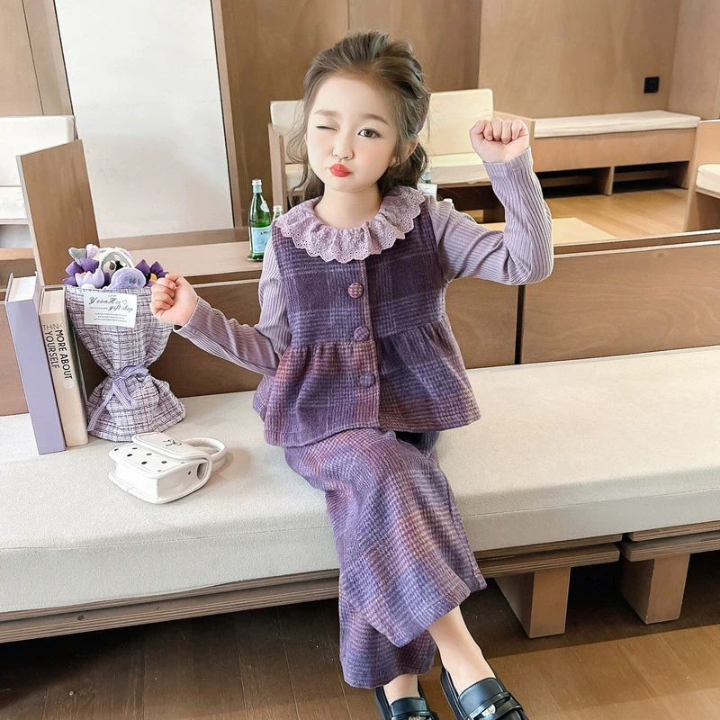 女童春秋款套装2025新款洋气时髦儿童格子女孩宝宝春季春装三件套