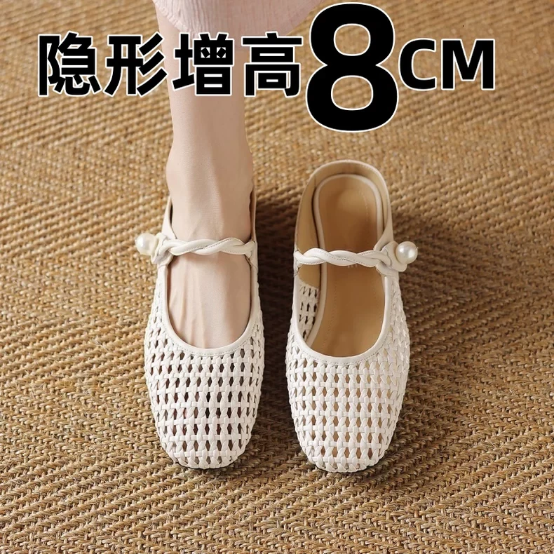 超软小羊皮内增高女包头半拖夏天不累脚粗跟编织镂空洞洞鞋穆勒鞋