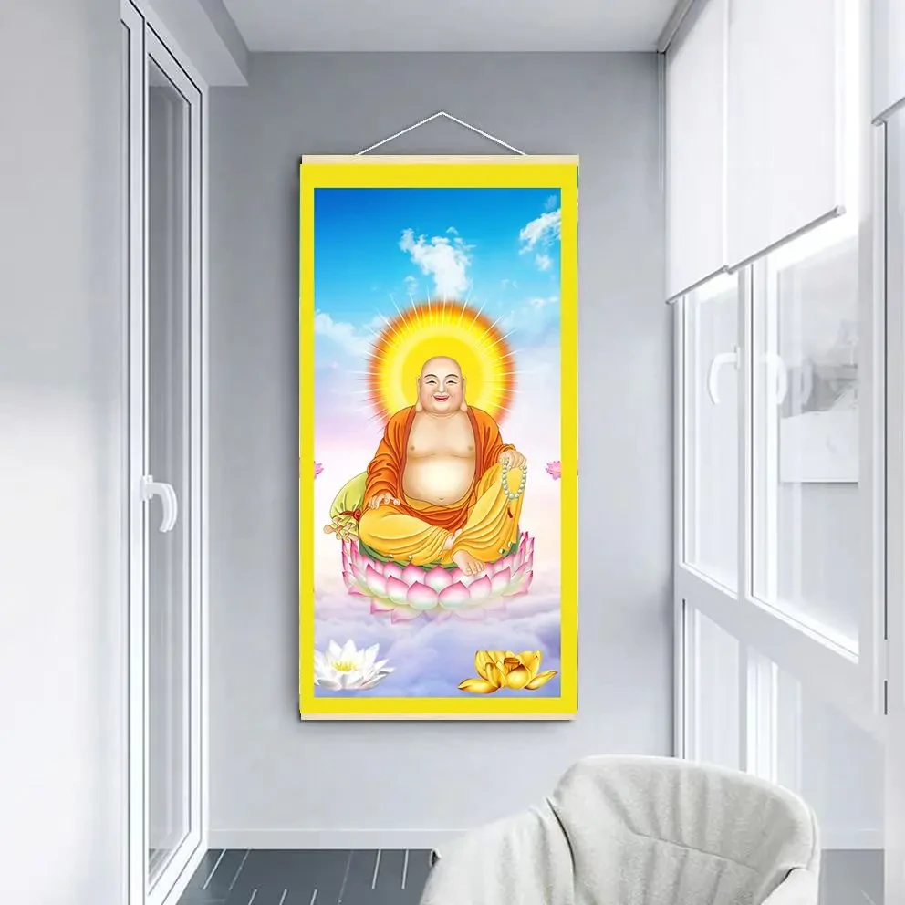 弥勒佛画像挂画 阿弥陀佛接引图卷轴画 高清佛堂佛像画