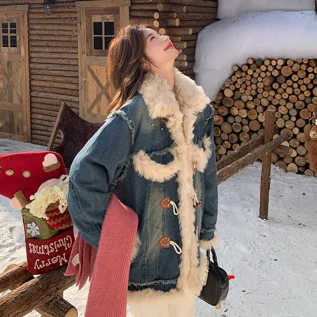 牛仔蓝毛绒拼接牛仔外套女2025冬季新款加绒高级牛仔外套女9966#