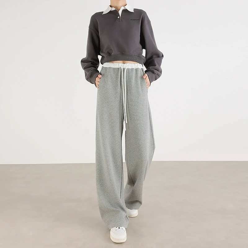 灰色运动阔腿裤女春秋拼接抽绳休闲宽松直筒高腰垂感绑带休闲卫裤