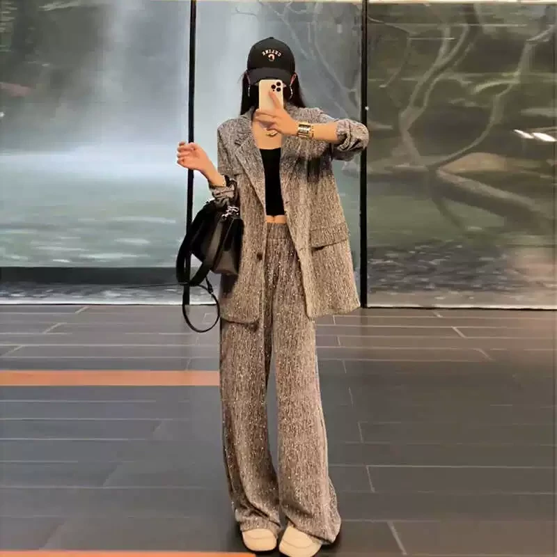 {苒彩}时尚烫钻西服套装女宽松外套阔腿裤两套潮舞台时装设计感穿