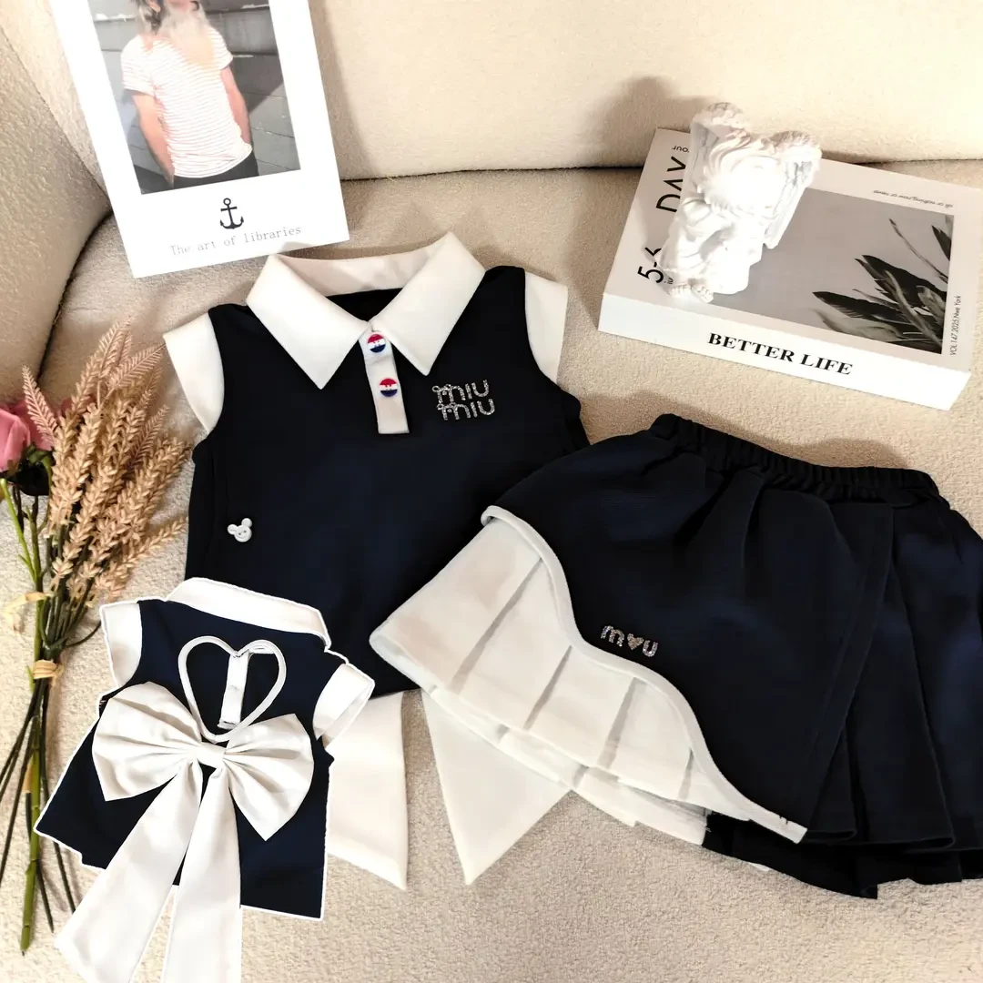 女童套装夏季2025新款儿童韩版学院风蝴蝶结背心百褶裙两件套潮