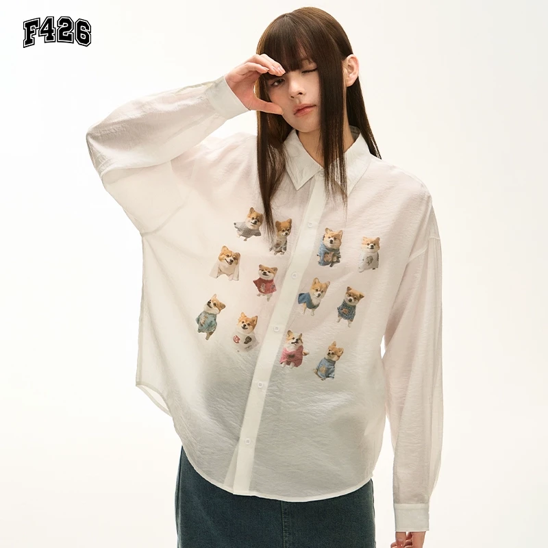 F426国潮牌夏季宽松狗狗印花薄款微透长袖衬衫情侣户外6538