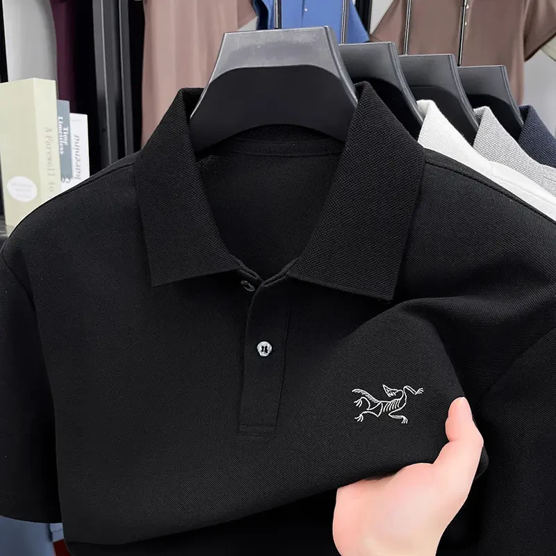 2025新款鸟标印花100%丝光棉男士夏季两粒扣刺绣翻领polo衫半袖