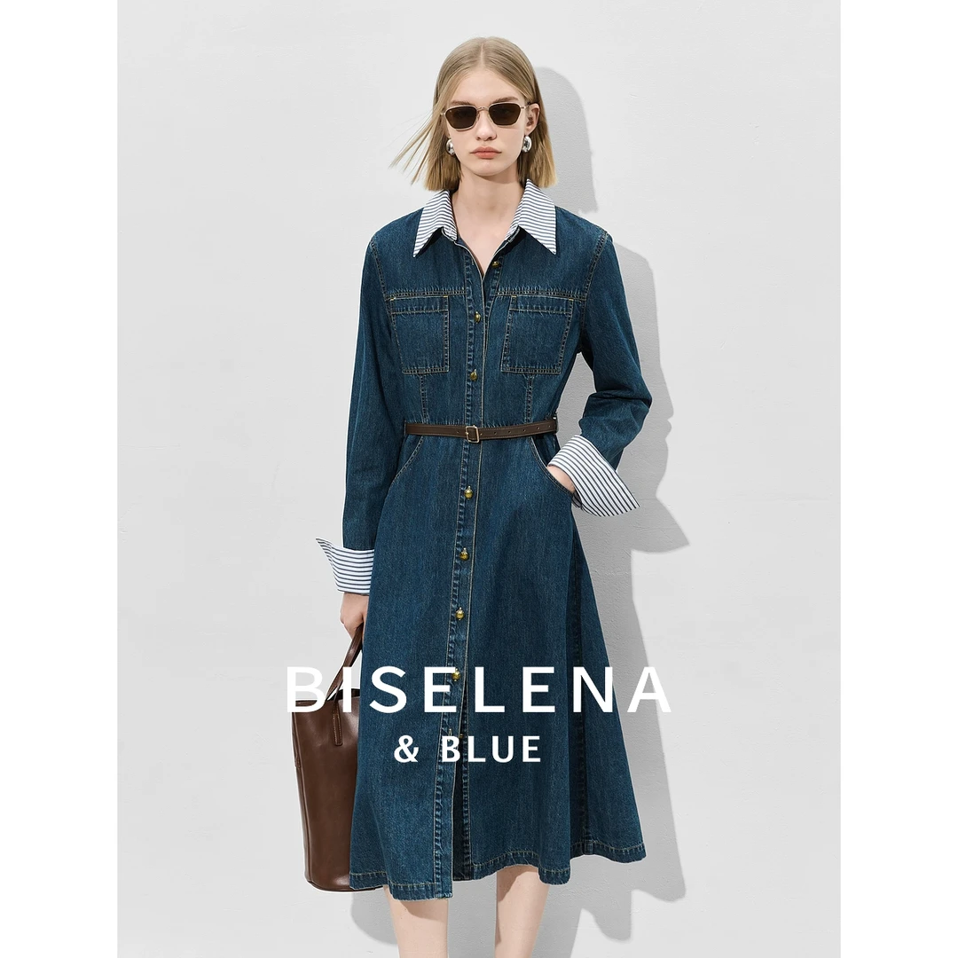 贝茜妮纯棉假两件水牛仔连衣裙女2025夏新款撞色裙子