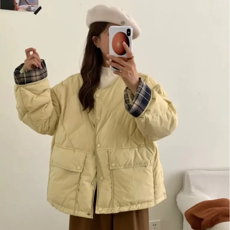 慵懒风菱形格羽绒棉服女2025年冬季新款小个子短款羽绒外套棉服女