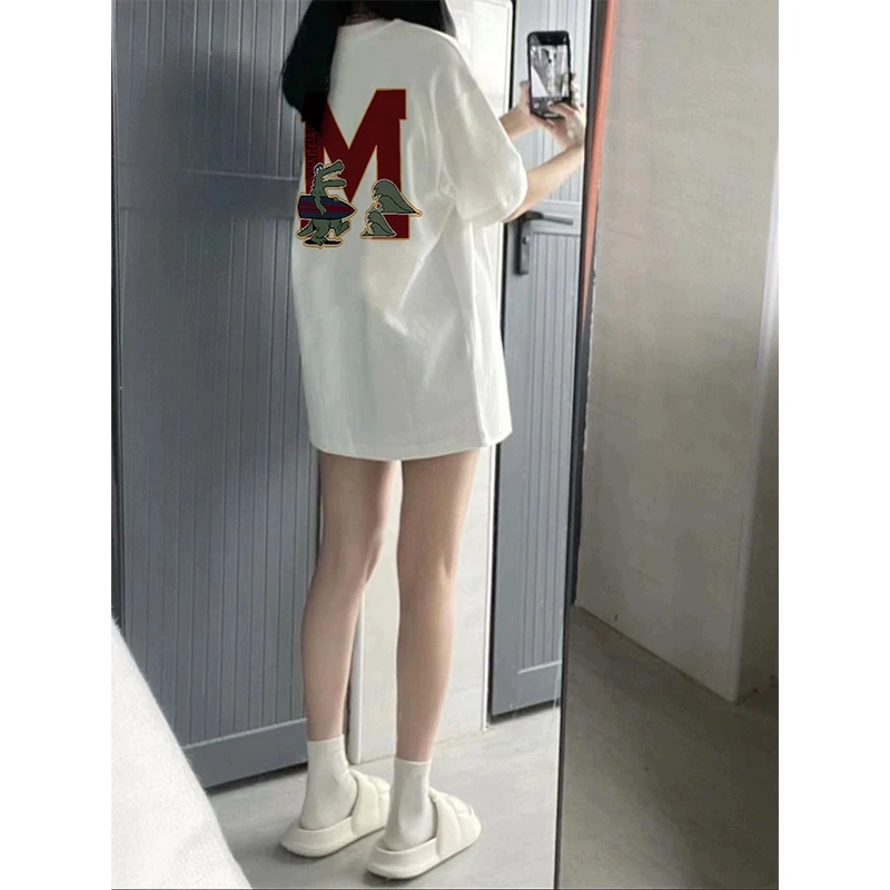 白色纯棉印花圆领宽松oversize短袖t恤女夏季2025新款情侣装上衣