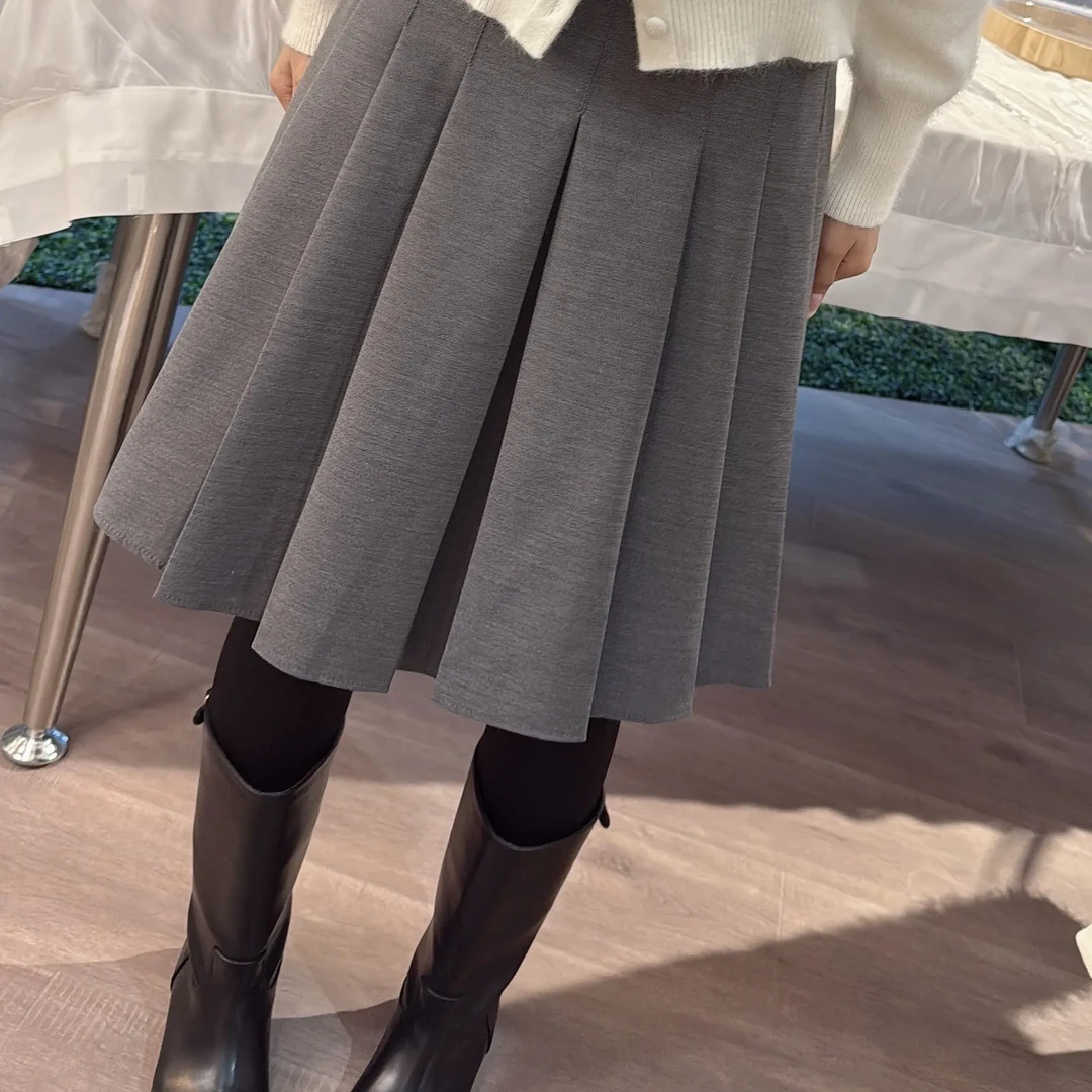 老钱学院风羊毛毛呢高腰百褶秋冬显瘦A字遮胯半身裙