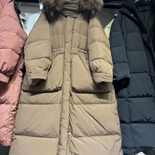 大毛领加长过膝加厚保暖连帽白鸭绒收腰韩版女士