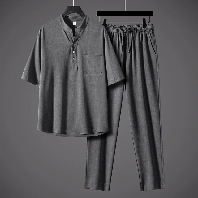 【轻奢级】高端品质中国风套装两件套天丝麻休闲服男款中年爸爸装