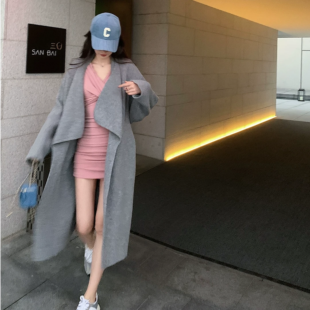 大也池*灰色荡领针织开衫女中长款系带针织衫气质外套