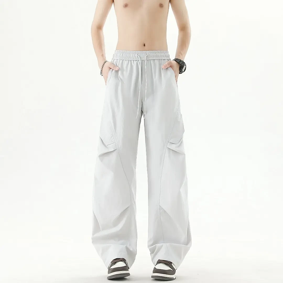 直筒宽松青年工装裤春夏百搭休闲面料速干无弹力小格纹高腰长裤