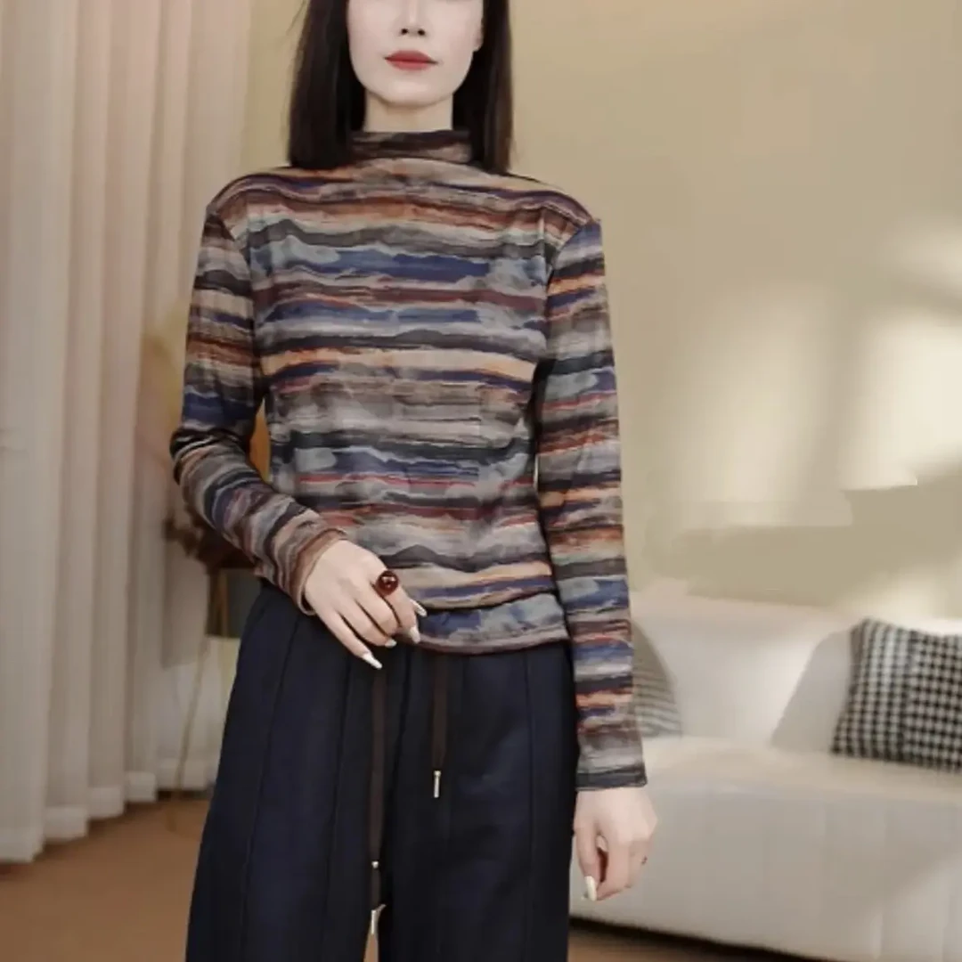 冬季保暖半高领印花长袖女打底衫网红花色女装