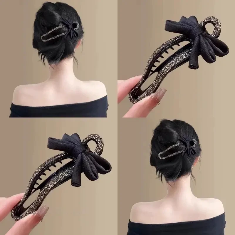 轻奢碎钻蝴蝶结发卡抓夹女后脑勺懒人盘发神器鸭嘴夹一字夹子头饰