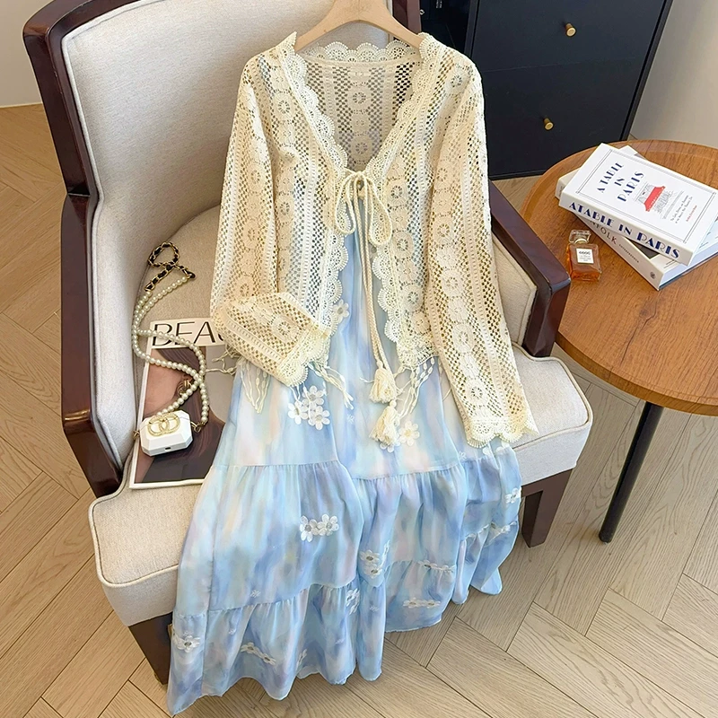 微胖妹妹大码2025春季新款搭配一整套度假风吊带裙针织上衣两件套