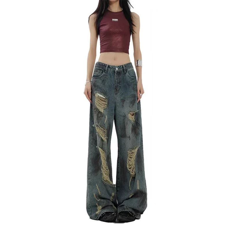 美式复古泼墨破洞牛仔裤女春季2025新款设计感高腰显瘦加长阔腿裤