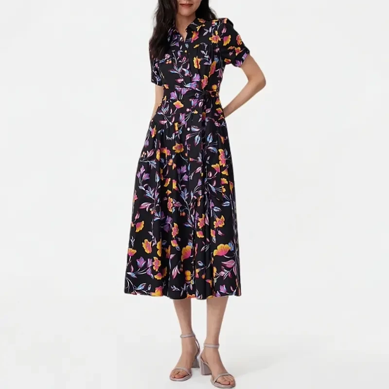 葭恩气质显瘦幸福花园图案印花茶歇连衣裙0821