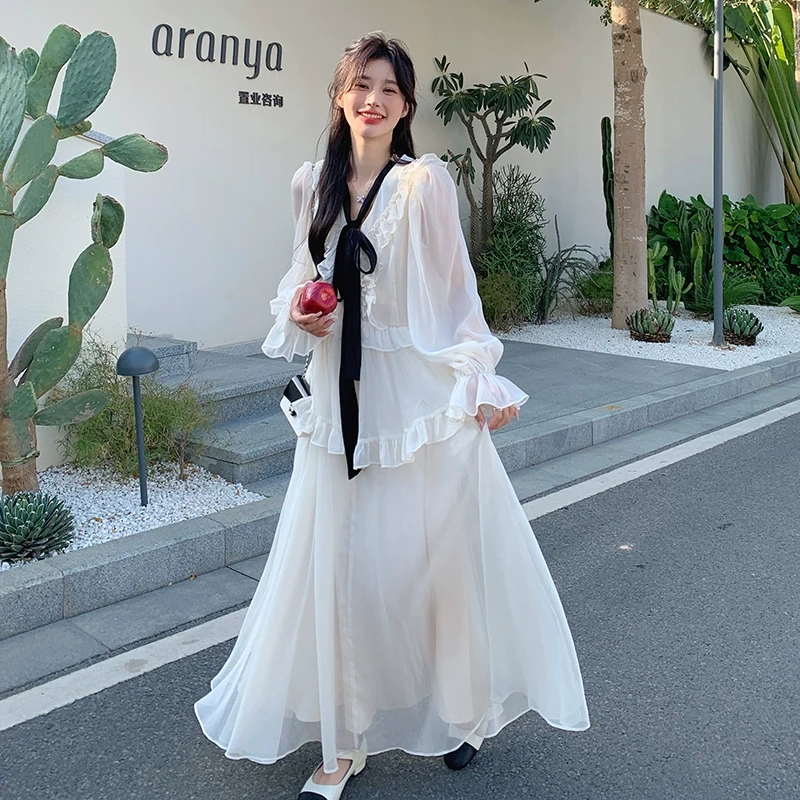 现货！法式浪漫风度假白色超长夏季气质韩版时尚长袖连衣裙裙子