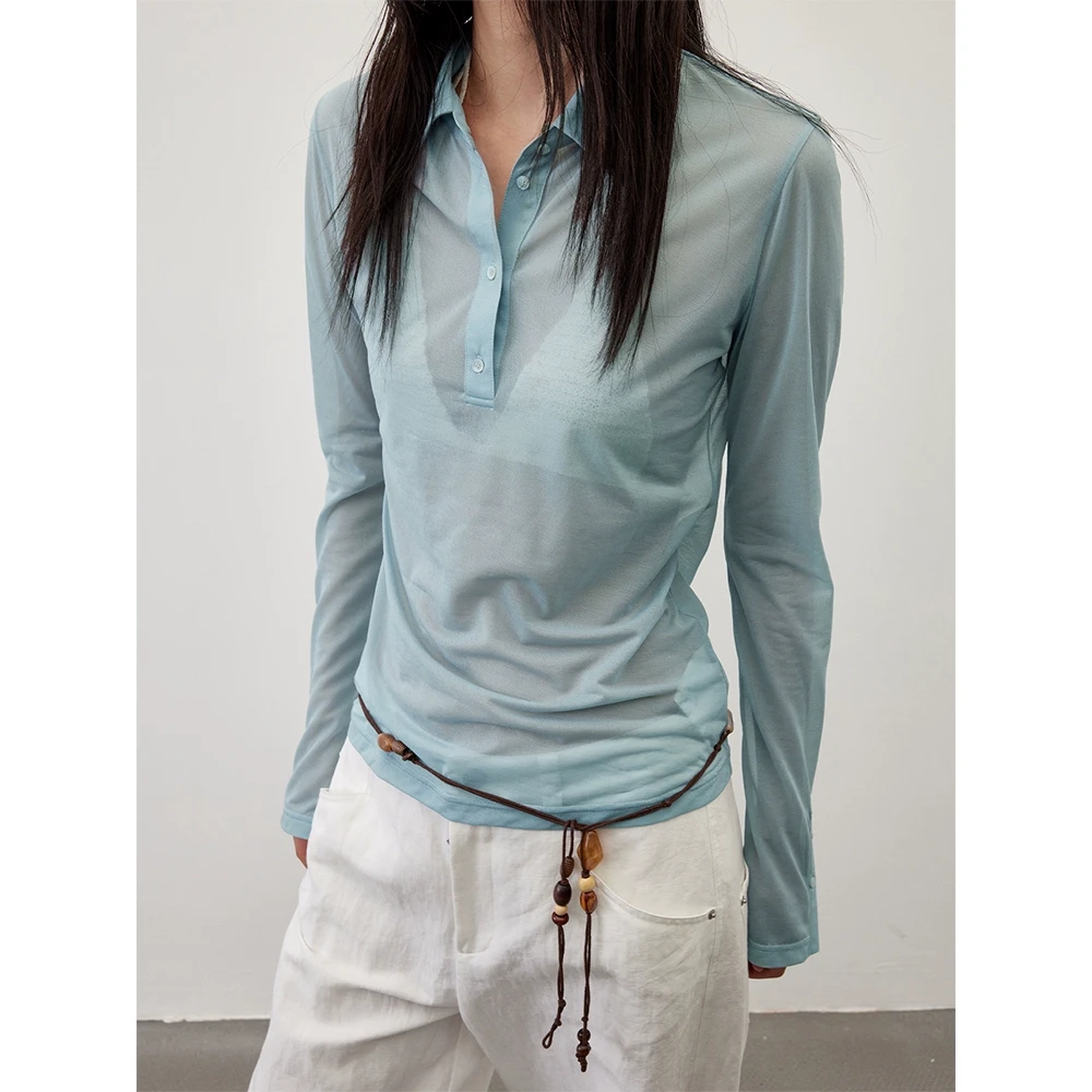 RandomPiece25夏新品 弹力针织修身Polo领透视薄款亨利领长袖T恤