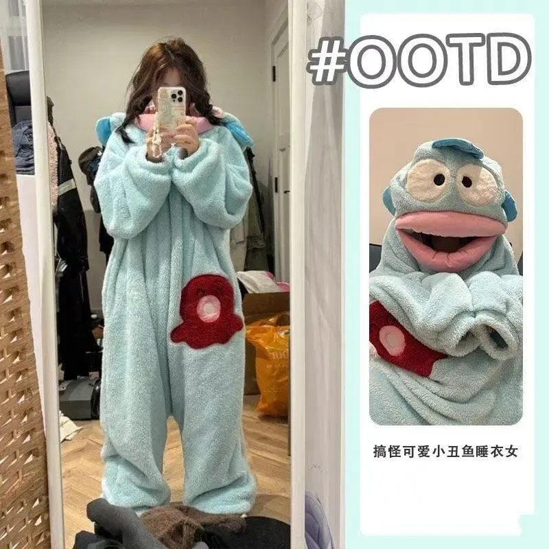 人鱼汉顿丑鱼睡衣连珊瑚绒秋冬季加厚保暖连帽毛绒睡袋卡通外穿