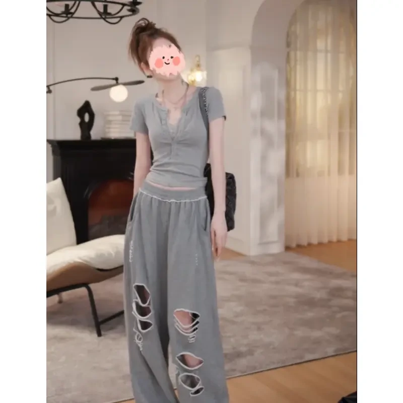 C270+C271假两件蕾丝拼接短袖t恤显瘦修身内搭破洞宽松阔腿裤女