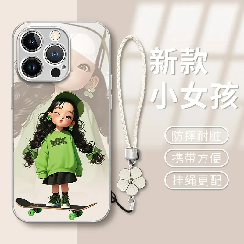 滑板女孩金属漆玻璃壳适用于苹果华为vivo小米oppo防摔女款手机壳