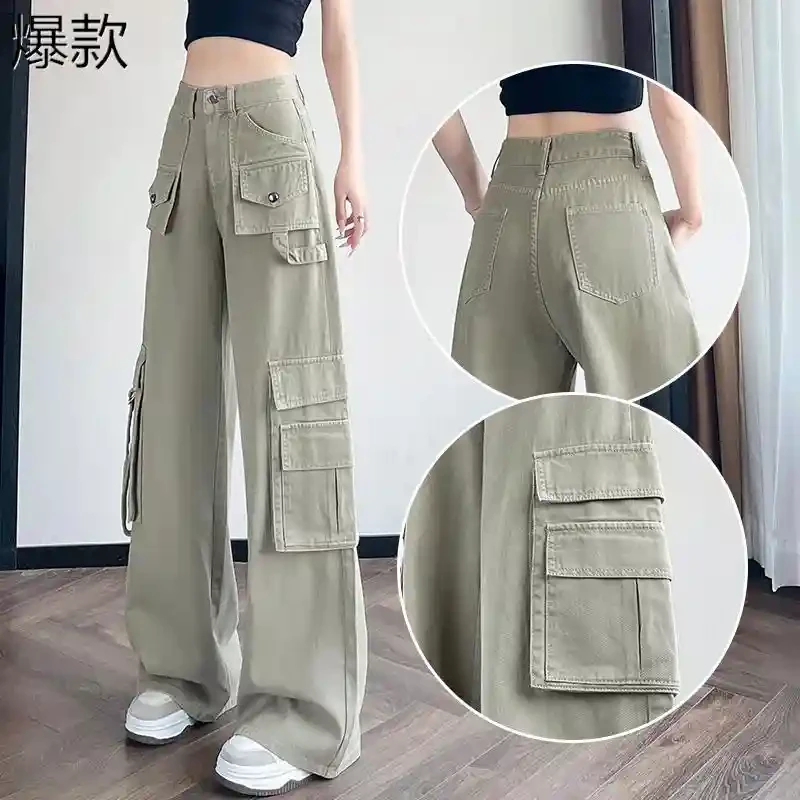 美式工装裤女夏季薄款宽松直筒梨型身材遮肉小个子高腰牛仔阔腿裤