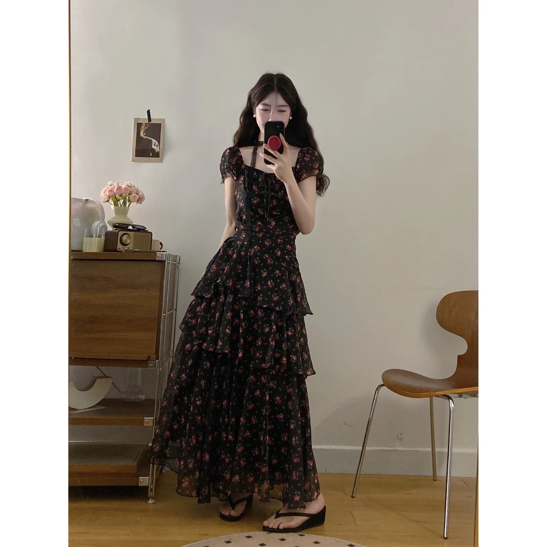 大码胖mm2025夏季时尚法式不规则大摆蛋糕裙收腰显瘦碎花连衣裙女