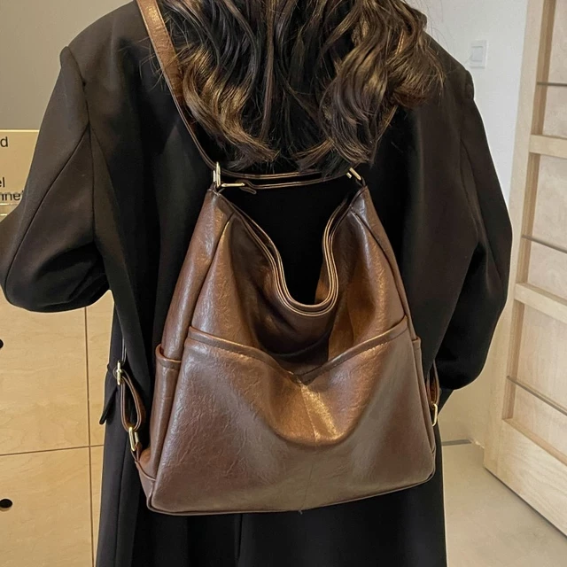 软皮复古托特包女2025新款百搭高级感大容量通勤双肩包秋冬外出背