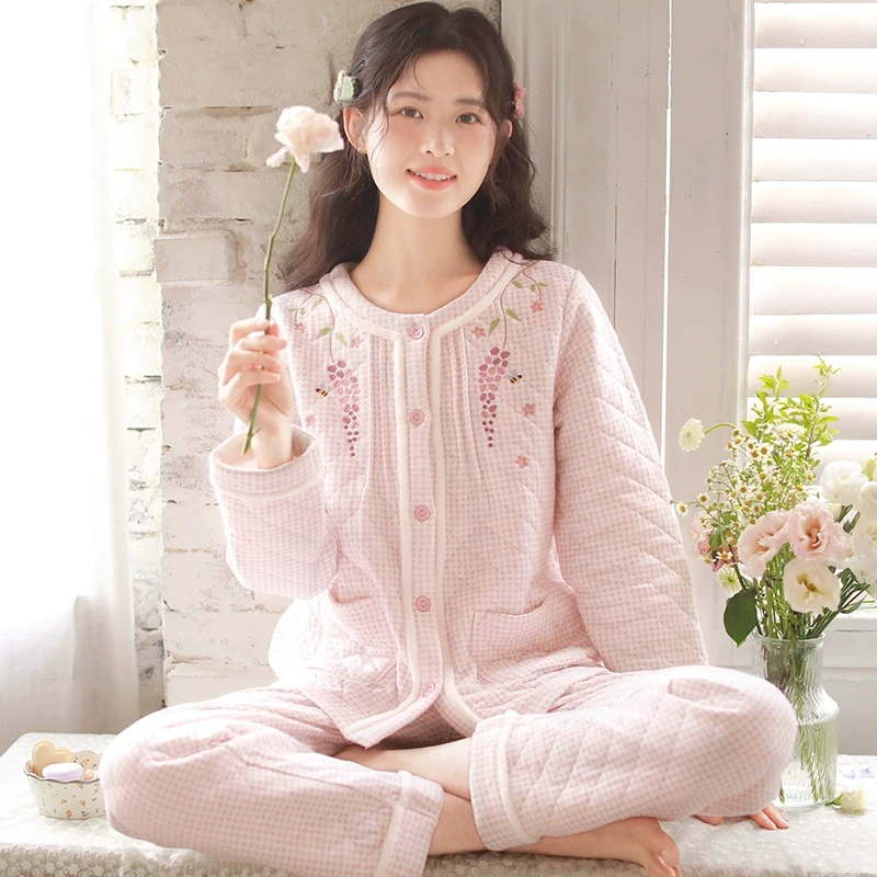 『眠岛』冬季加厚保暖三层夹棉睡衣女甜美刺绣长袖长裤大码家居服