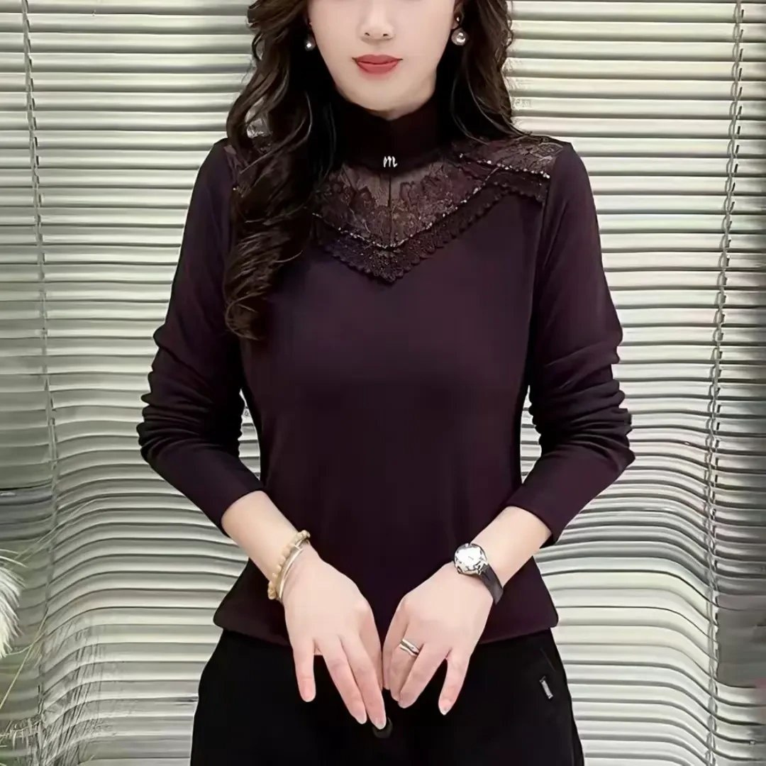 秋冬新款洋气长袖显瘦减龄设计感蕾丝拼接保暖双面绒休闲百搭上衣