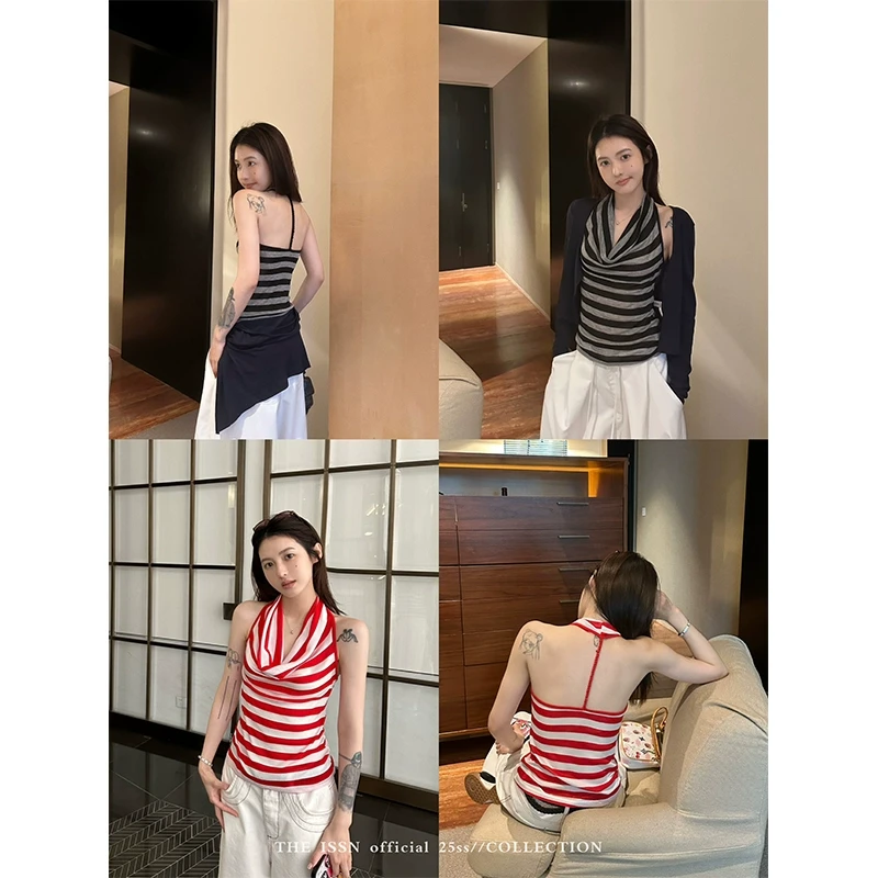 THEISSN 宁司条纹挂脖露背吊带背心女修身显瘦打底无袖上衣 0703