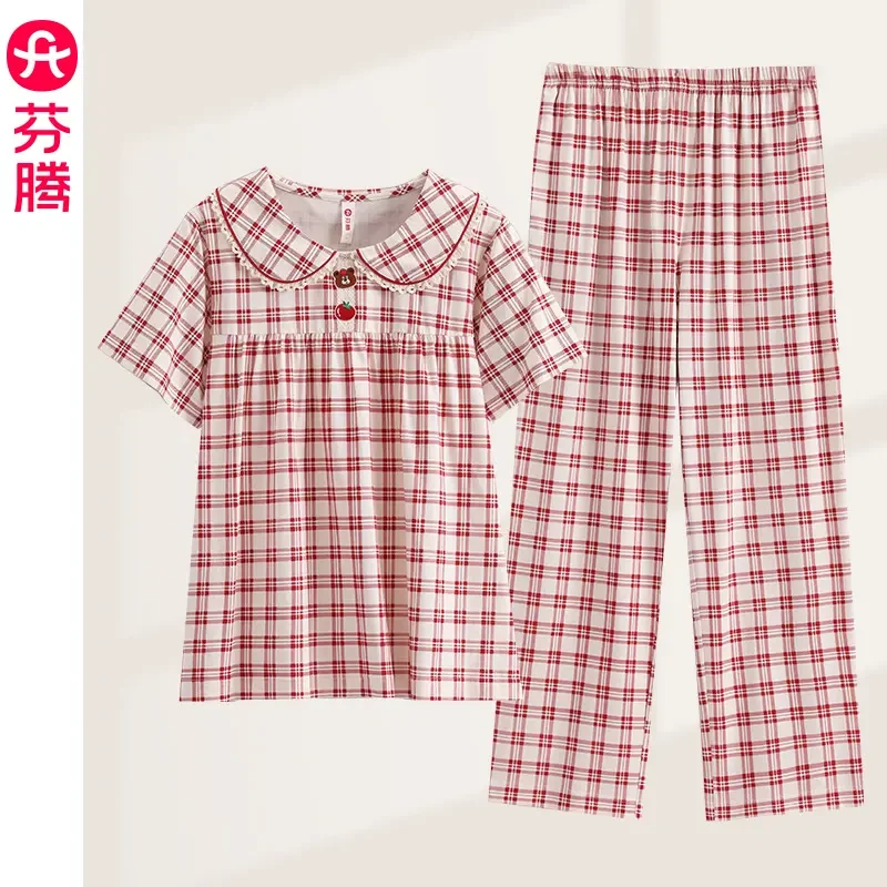 芬腾睡衣女士夏季新款日系娃娃领甜美短袖长裤宽松薄款家居服套装