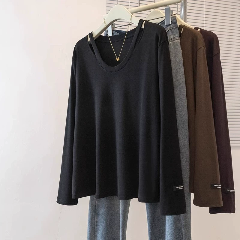 【新年穿搭】微胖妹妹大码u领长袖T恤打底衫女秋冬内搭宽松别致上衣