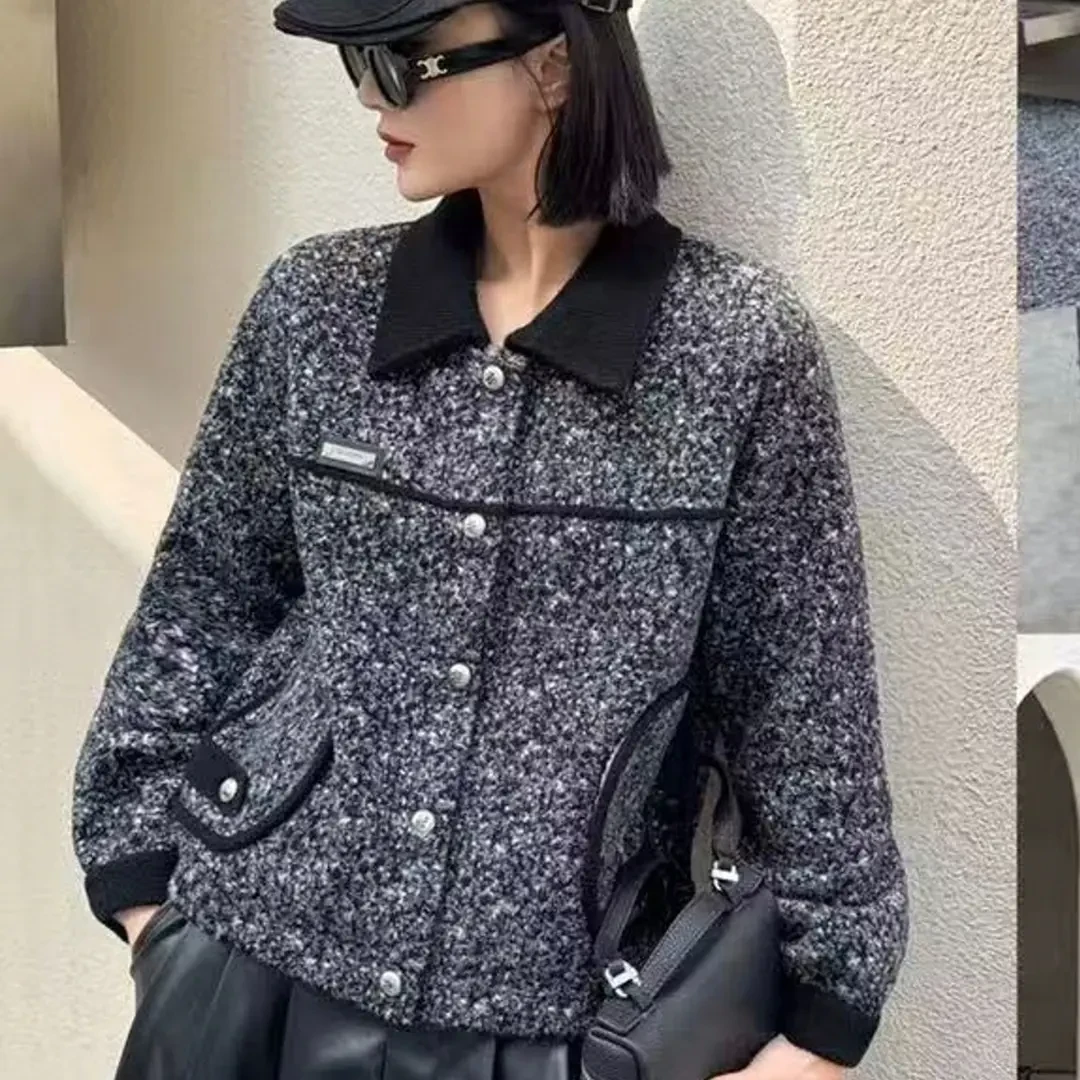 依美阁女装推介小外套短款女士翻领拼接雪花图时尚休闲百搭呢外套