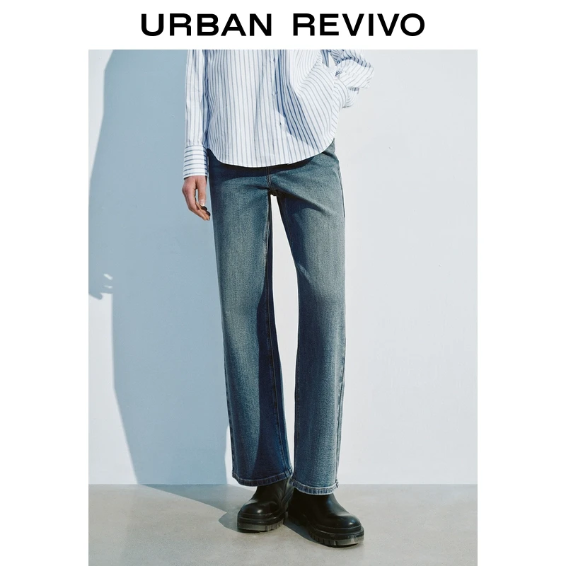 UR2025秋季新款女装休闲百搭复古水洗猫须牛仔长裤UWM850034