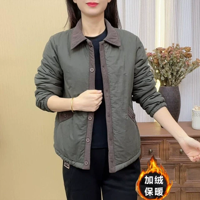 妈妈装冬款休闲撞色翻领加绒外套G洋气女装新款大码保暖百搭棉衣