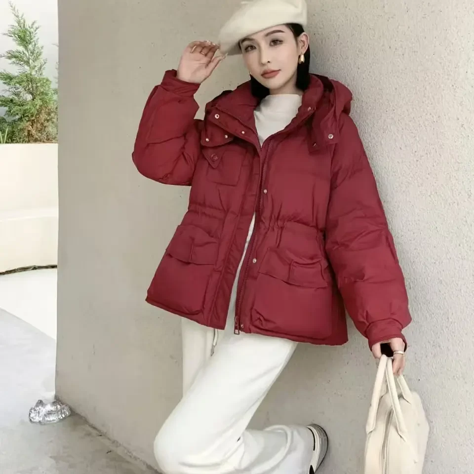 连帽女冬季韩版宽松显瘦抽绳收腰加厚保暖白鸭绒外套