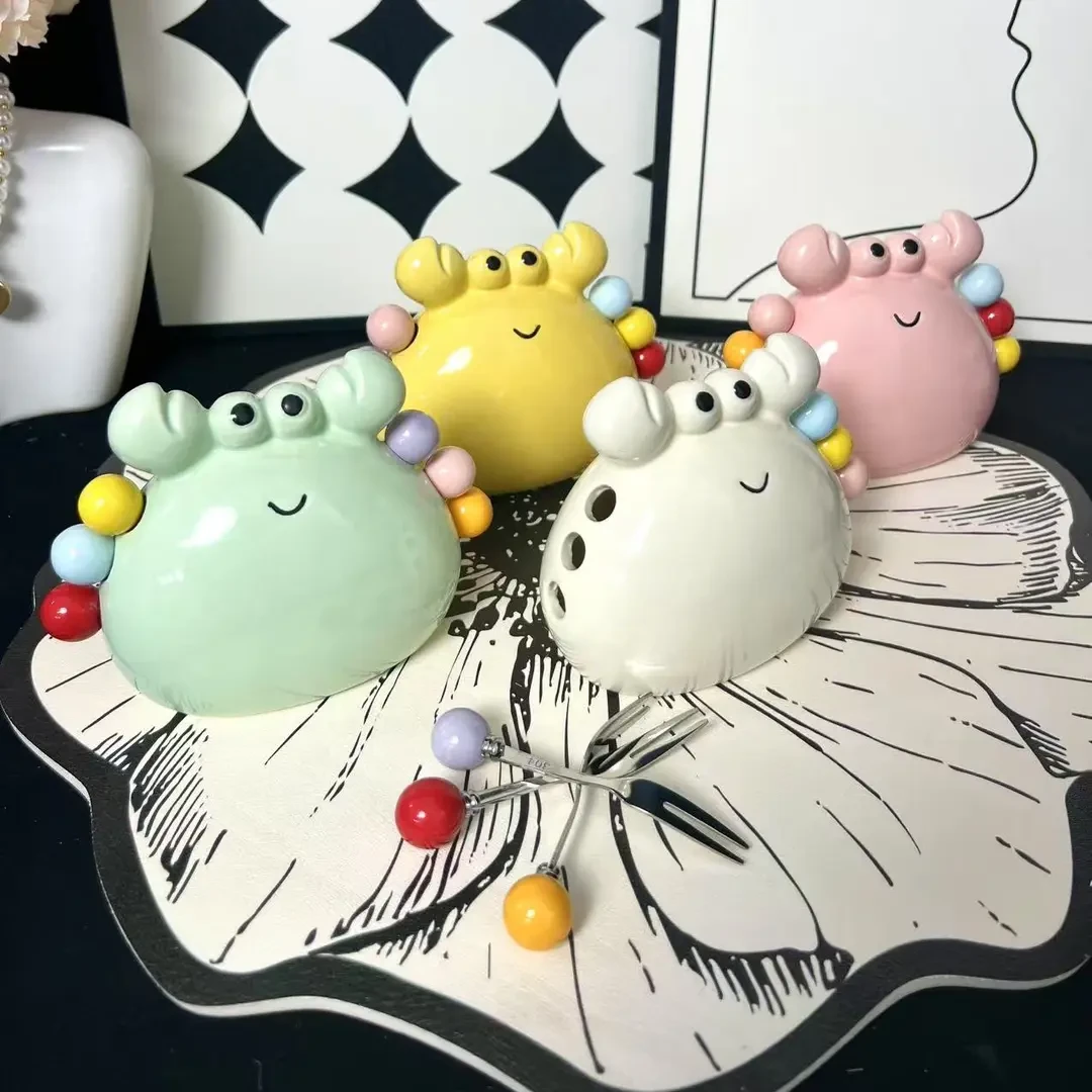 创意螃蟹水果叉收纳罐家用甜品蛋糕果插不锈钢小叉子儿童安全A820