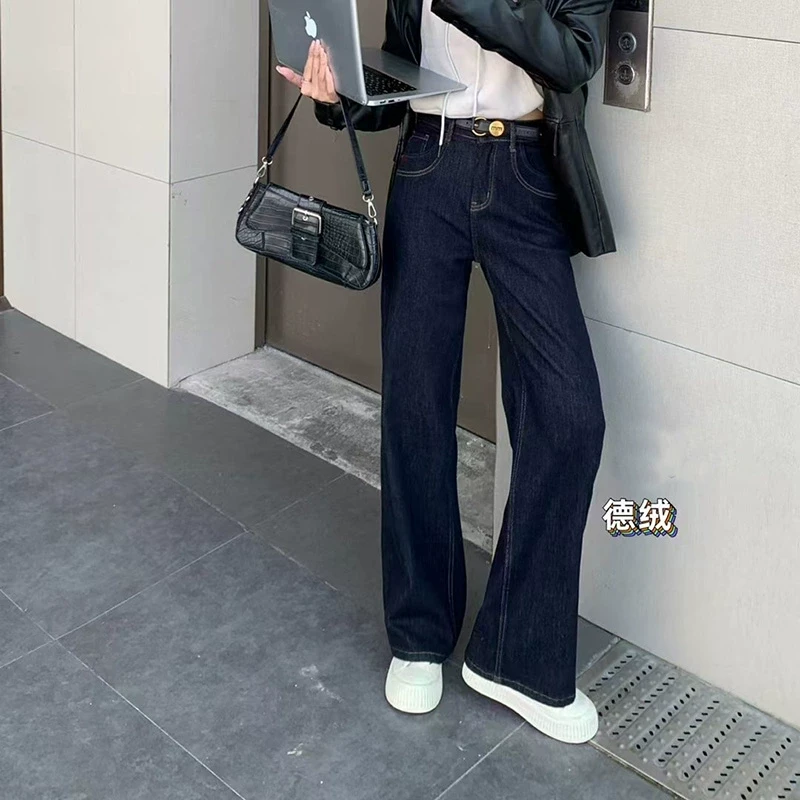 爆犀牛2024冬新款宽松防掉色加绒窄版阔腿牛仔裤女高腰显瘦直筒裤