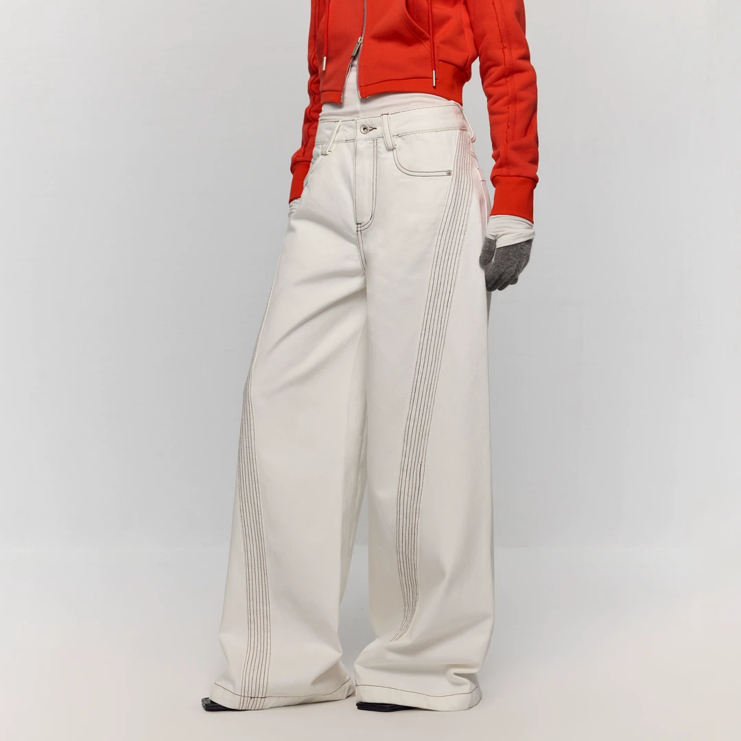 出逃赤岗西设计感辑明线分割白色牛仔裤宽松阔腿直筒裤