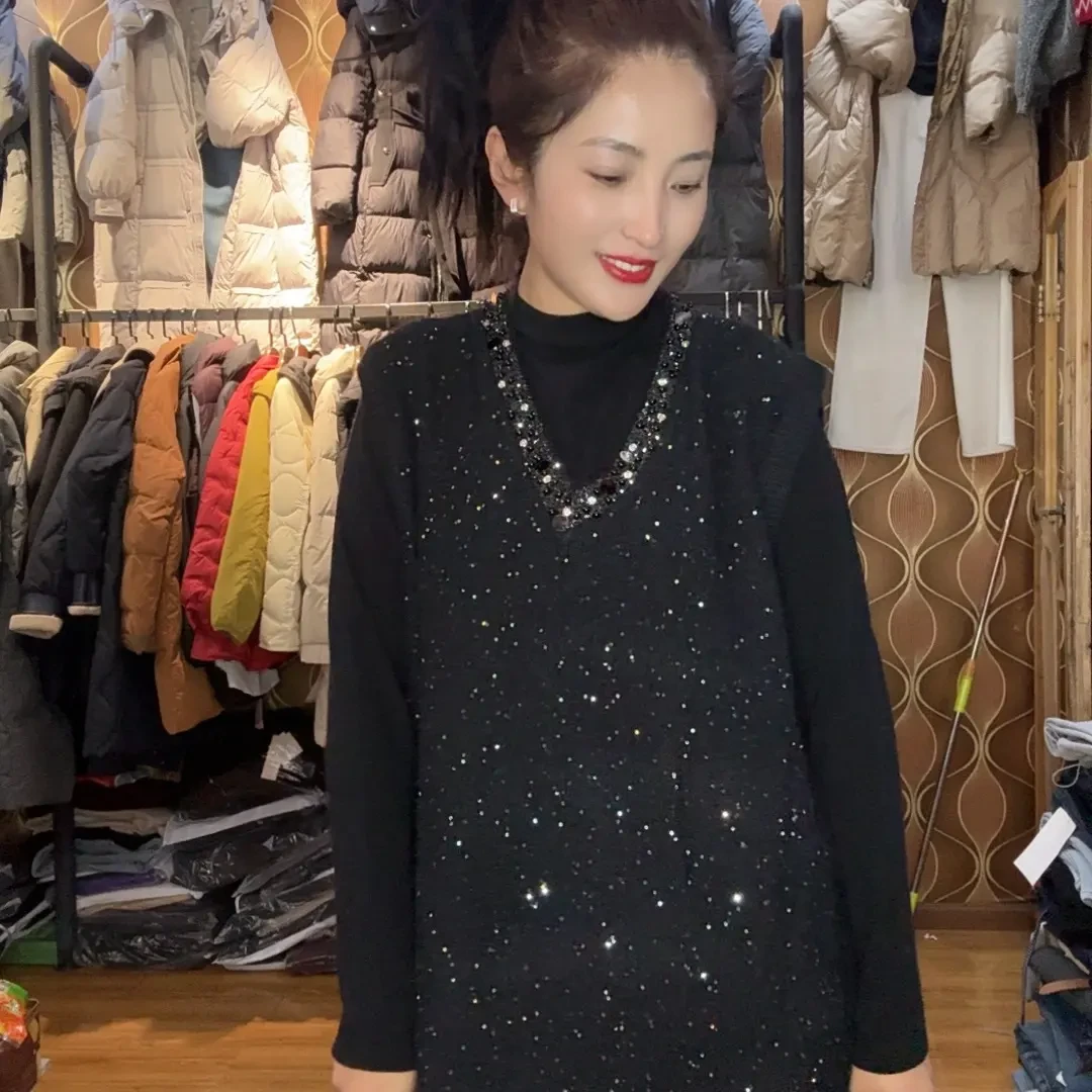 韩尤简同款百搭休闲亮片V领针织马甲正2件套