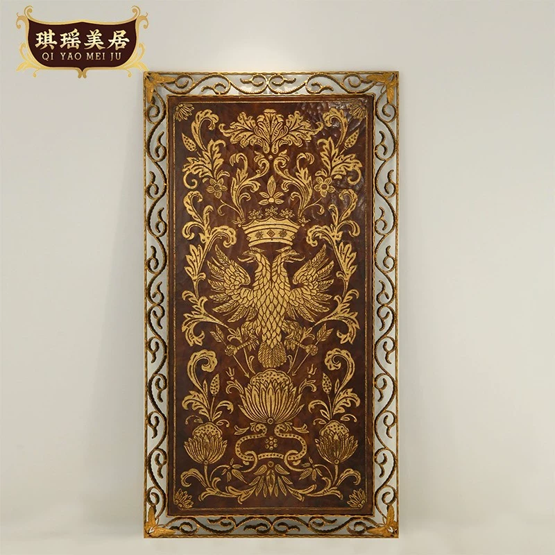 法式复古手绘彩漆木版画别墅玄关装饰画美式泥雕金箔竖版铁艺挂画