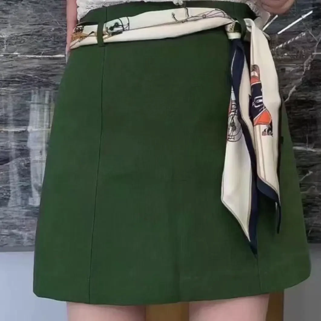 52113高腰修身包臀纯色短裙女搭配丝巾腰带韩版简约风格