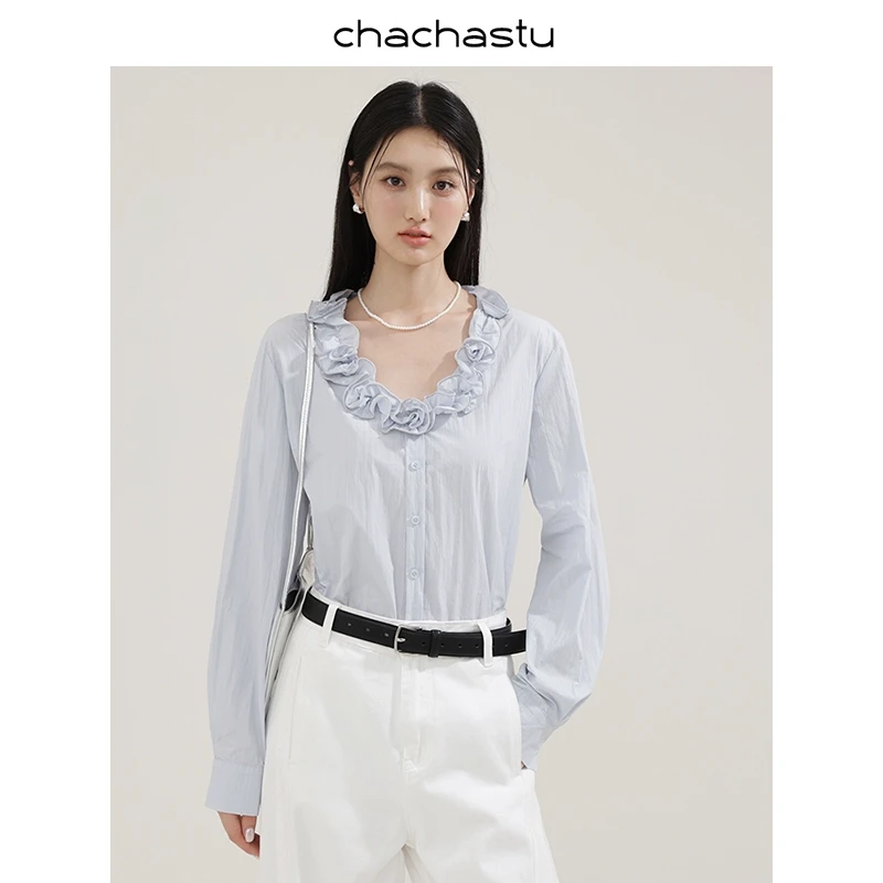 CHACHASTU【春日】微醺褶皱花瓣领 法式feel气质宽松衬衫 ZRS1318
