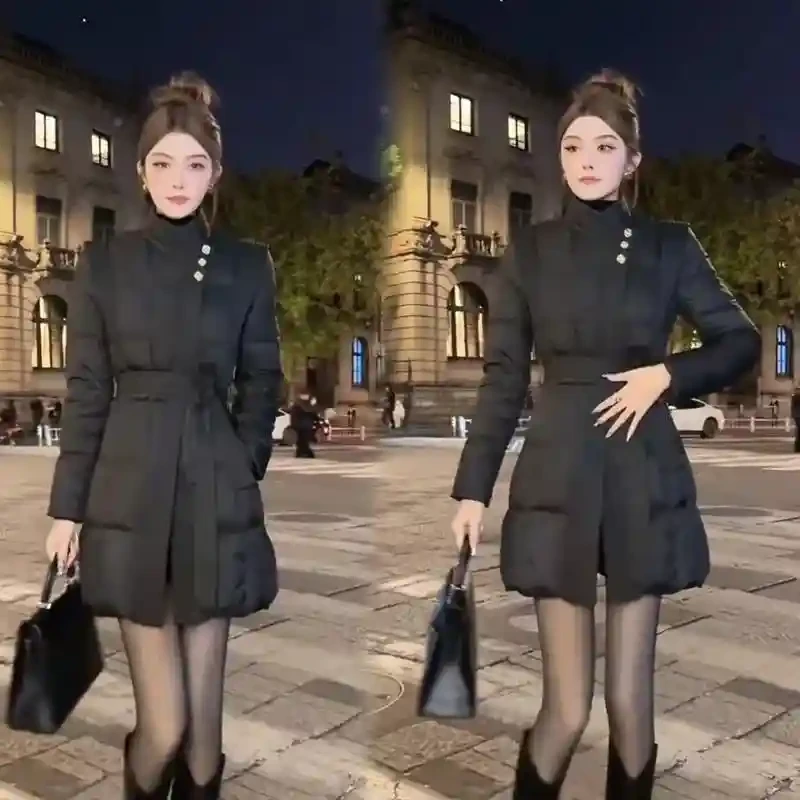 2025冬新款韩版时尚中长款棉服外套女高级感黑色立领收腰显瘦加厚