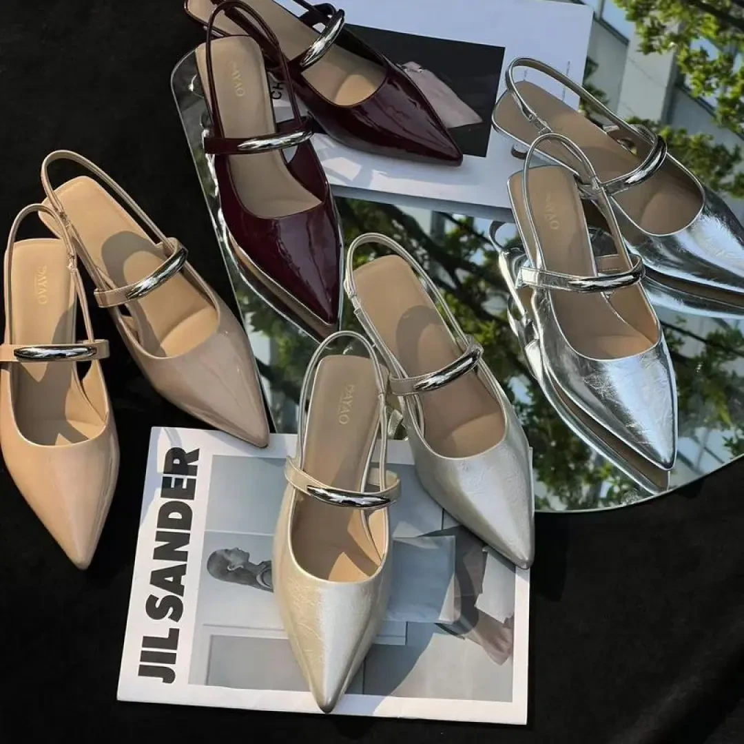 【小银条】一字带高跟鞋女2025夏季新款低跟漆皮后空女高跟鞋凉鞋