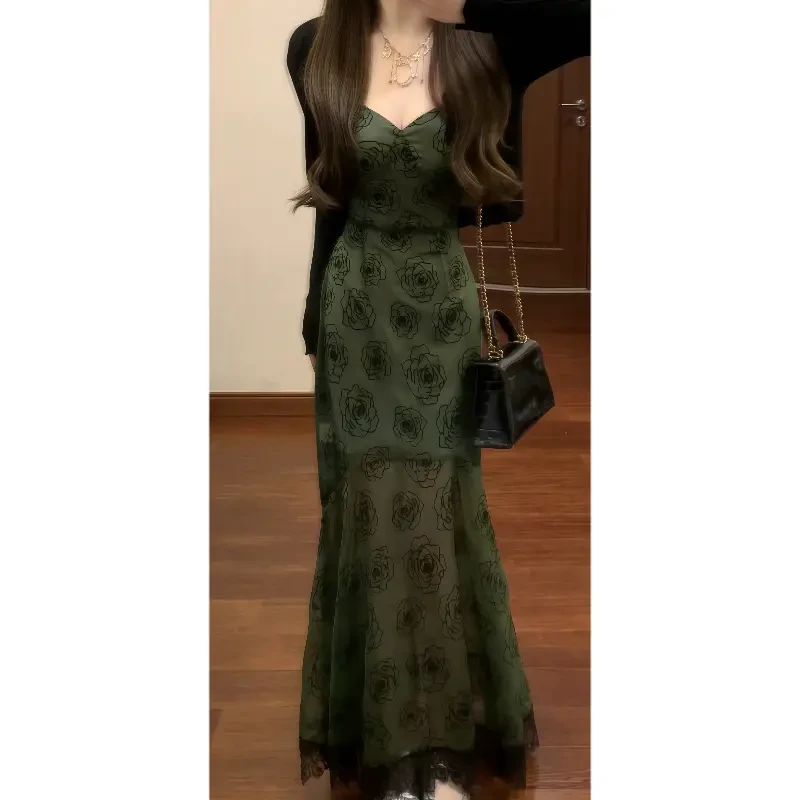 【阴雨高山玫瑰】新中式国风设计感碎花吊带连衣裙气质鱼尾长裙8109