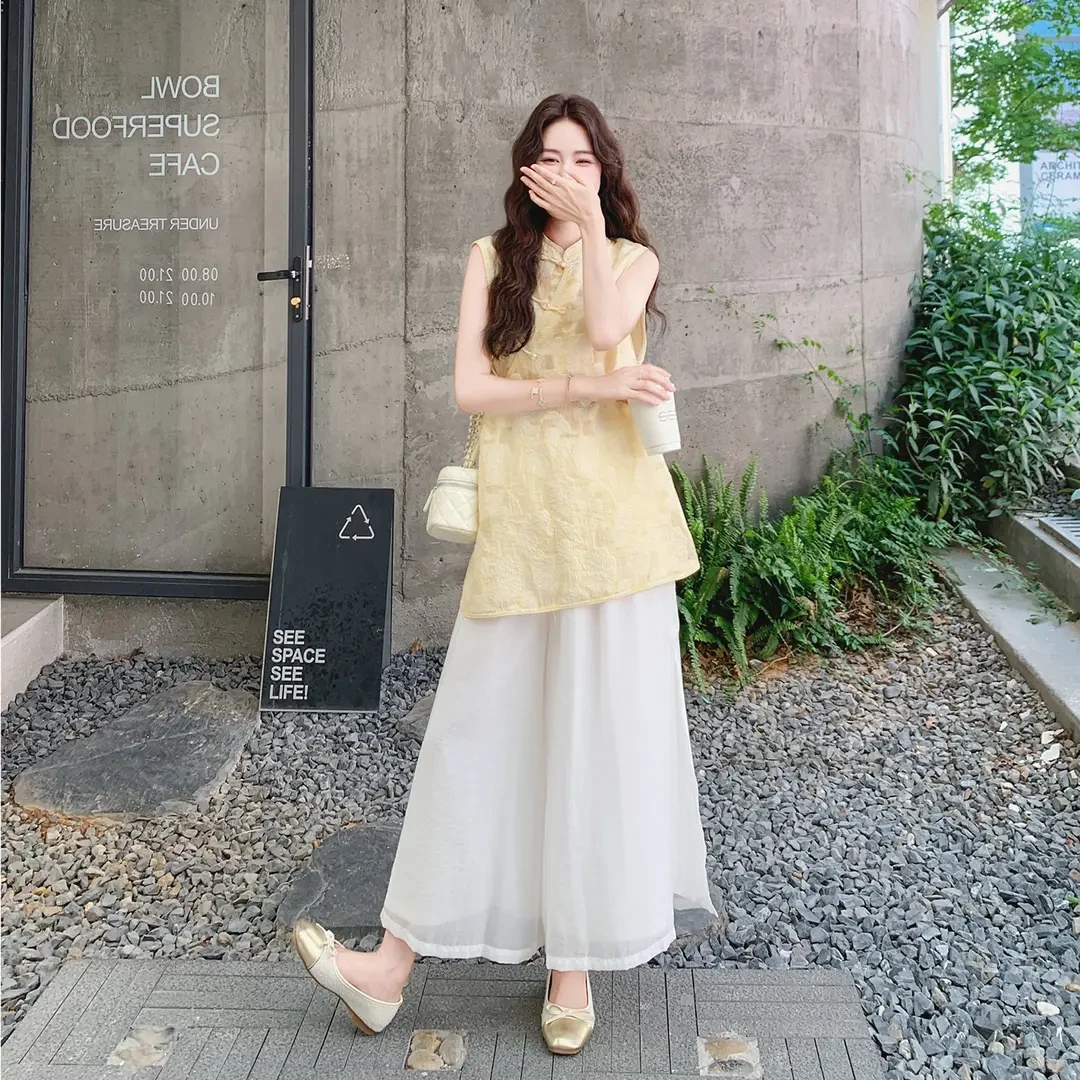 国风新中式蕾丝套装女2025夏新款设计感无袖旗袍上衣阔腿裤两件套